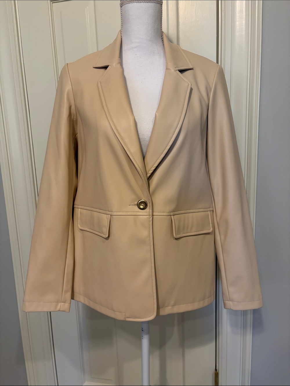 Nanette Lepore Cream Faux Leather Single-Button Blazer